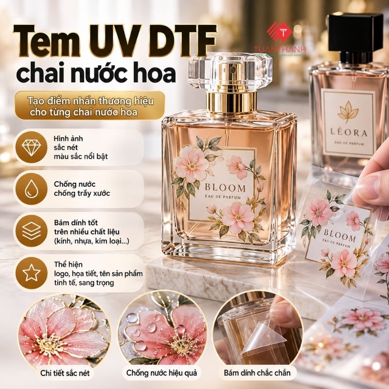 Tem UV DTF chai nước hoa – In logo theo yêu cầu 2 Tem UV DTF chai nước hoa in sắc nét, bám dính tốt trên chai thủy tinh