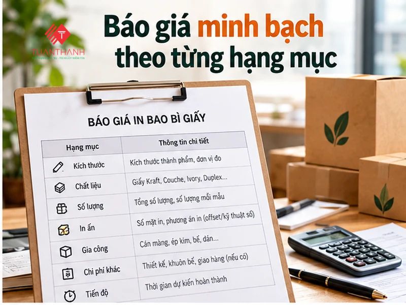 Bảng báo giá in bao bì giấy theo kích thước, chất liệu, số lượng và yêu cầu gia công
