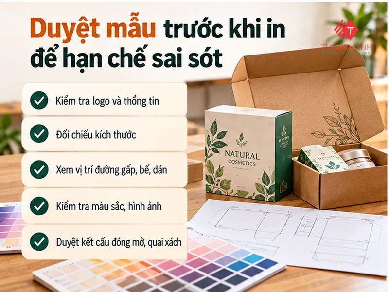 Kiểm tra mẫu thiết kế hộp giấy, màu sắc, logo và đường bế trước khi in bao bì