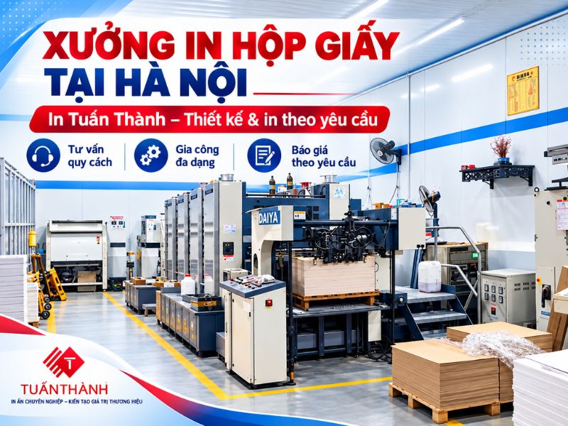 Xưởng in hộp giấy tại Hà Nội In Tuấn Thành với hệ thống máy in công nghiệp, nhận thiết kế và in hộp giấy theo yêu cầu.