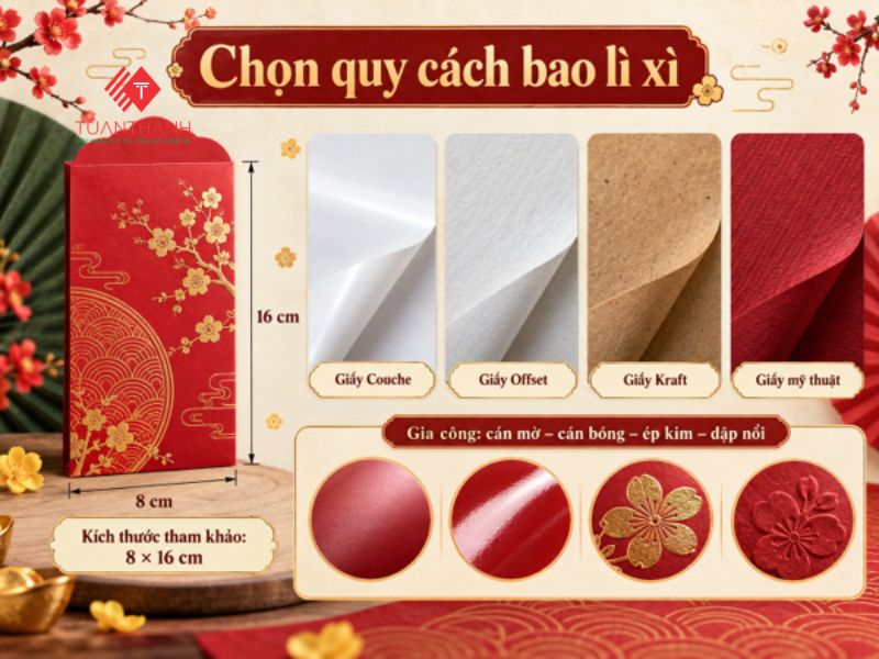 Các loại giấy Couche, Offset, Kraft và giấy mỹ thuật dùng để in bao lì xì Tết