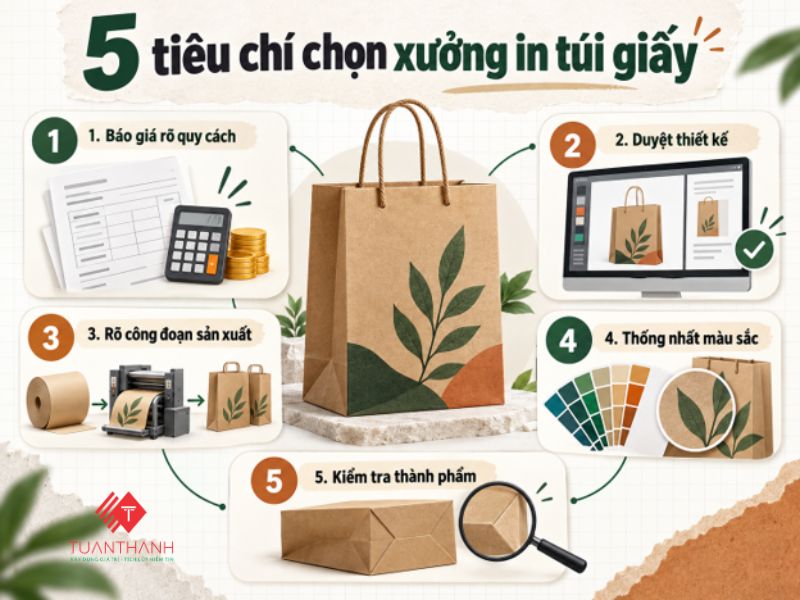 Infographic 5 tiêu chí chọn xưởng in túi giấy gồm báo giá, duyệt thiết kế, sản xuất, màu sắc và thành phẩm