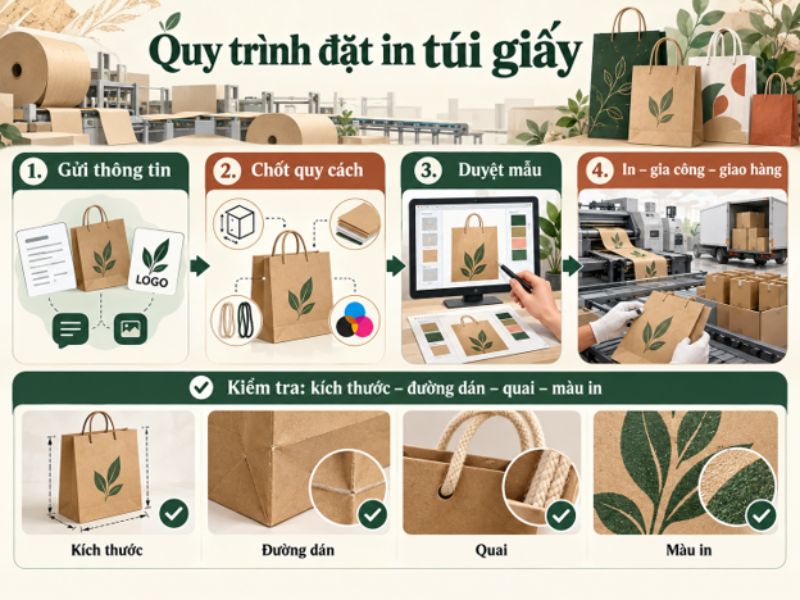Quy trình đặt in túi giấy theo yêu cầu từ gửi thông tin, chọn quy cách đến duyệt mẫu và giao hàng